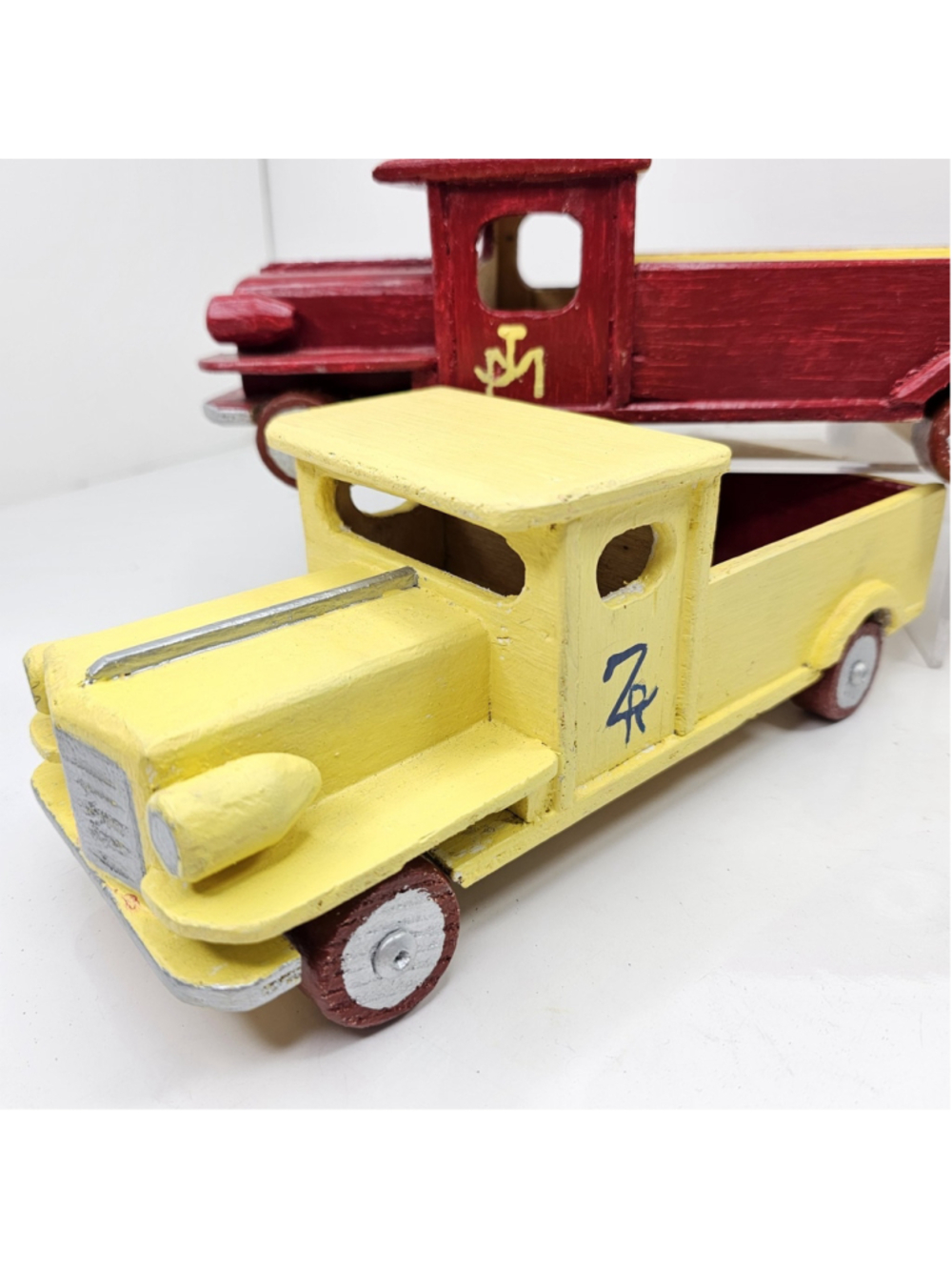 Handmade Wooden Folk Art Toy Trucks Pair Rolling Wheels Roubo’s Wood Cars VTG